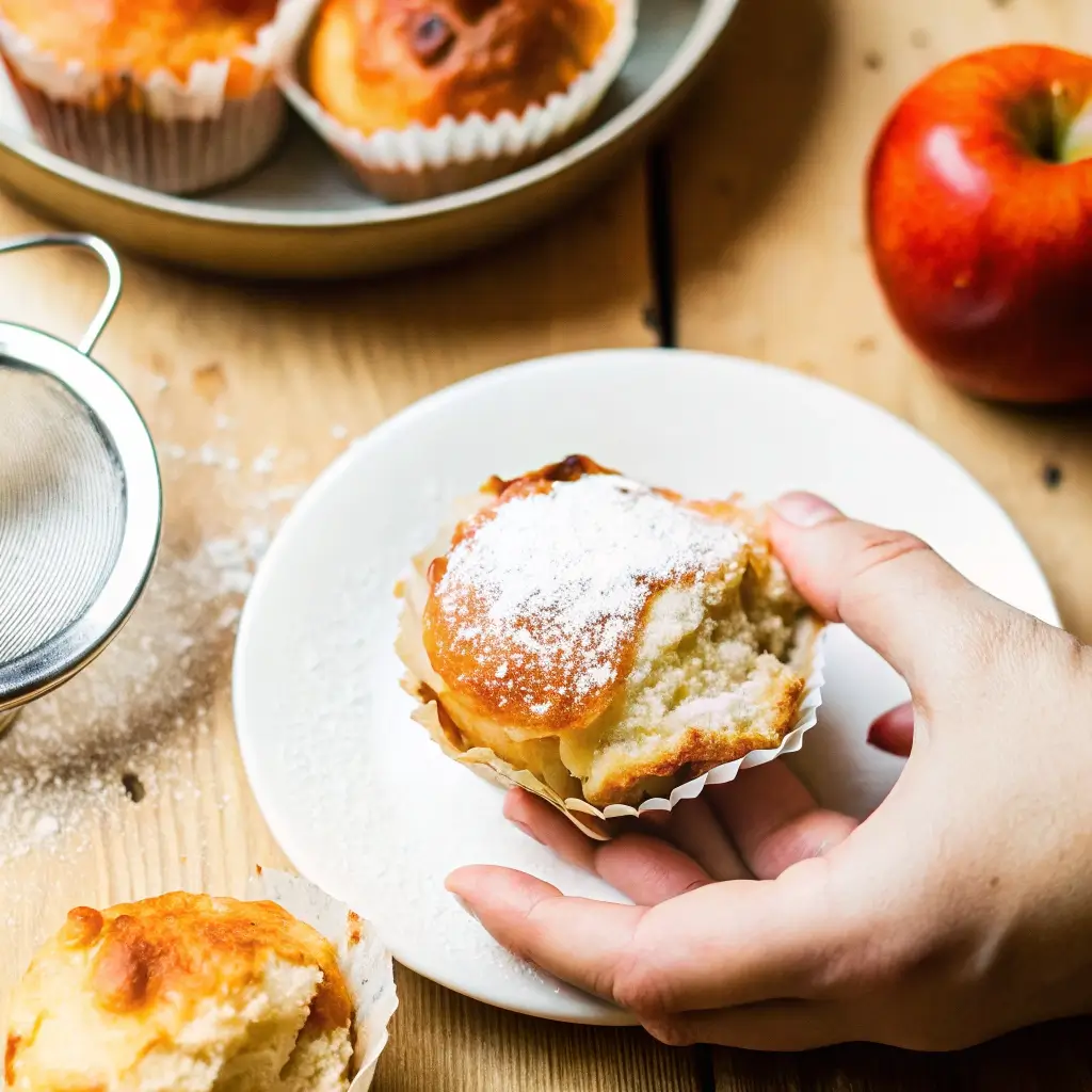 Ein köstlicher Apfel-Zimt-Muffin, serviert auf einem weißen Teller und mit feinem Puderzucker bestäubt. Im Hintergrund sind weitere Muffins und ein roter Apfel zu sehen.