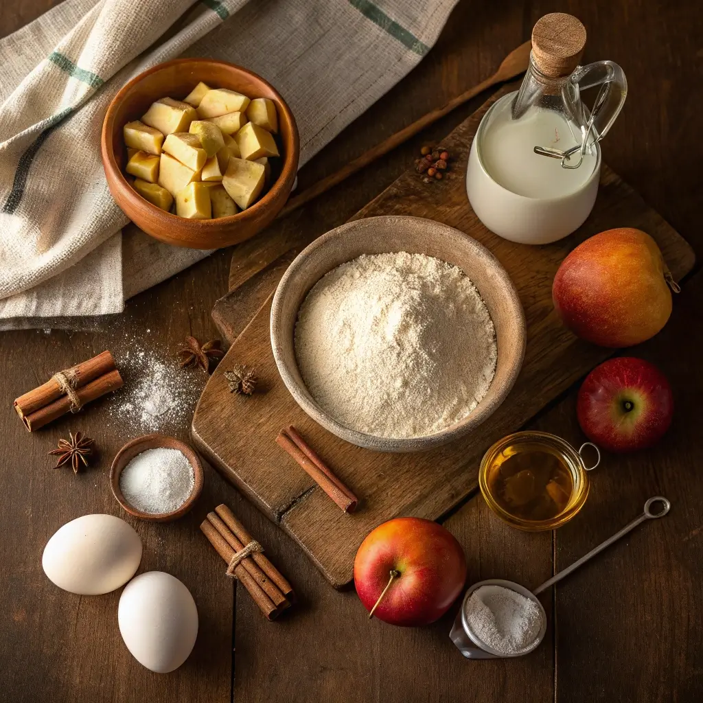 Eine Auswahl an Zutaten für Apfel-Zimt-Muffins, darunter Mehl, geschnittene Äpfel, Zucker, Eier, Milch, Zimtstangen, Backpulver und Öl.