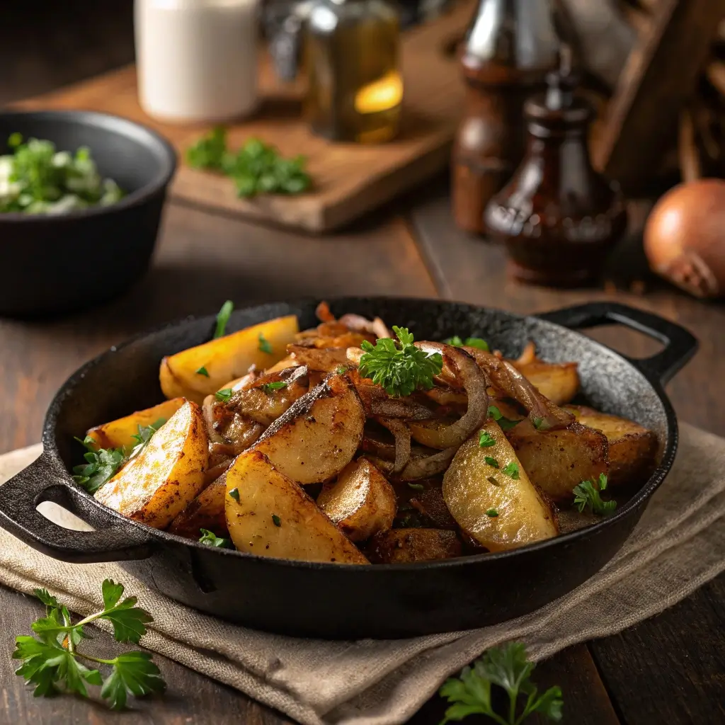 Knusprige Bratkartoffeln mit Zwiebeln und frischen Kräutern werden in einer schwarzen Pfanne serviert. Die Kartoffeln sind goldbraun gebraten, würzig gewürzt und dekoriert mit Petersilie. Im Hintergrund sind Olivenöl, Pfeffermühle und weitere Zutaten zu sehen, was den rustikalen Eindruck verstärkt.

