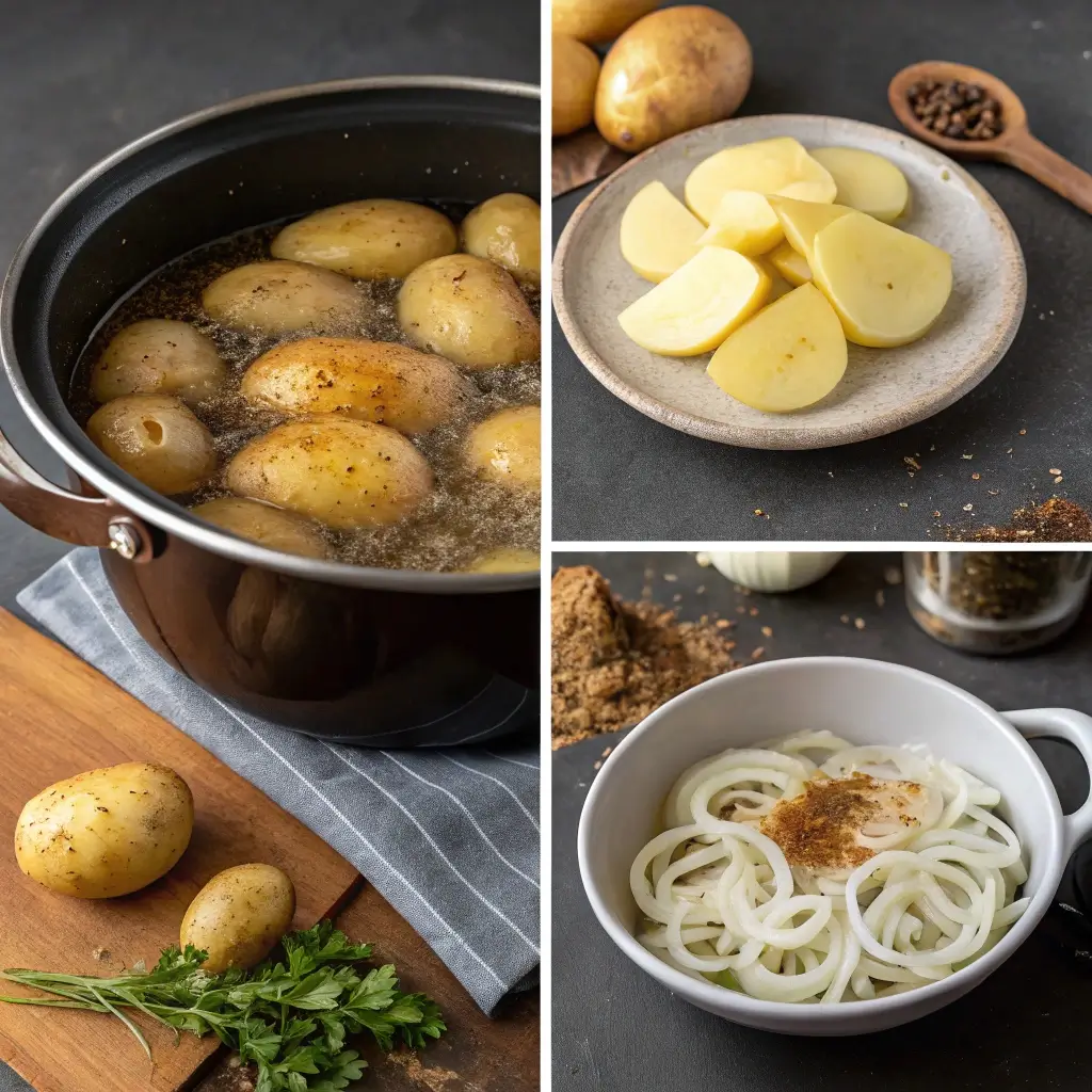 Eine vierfach geteilte Bildserie zeigt die Vorbereitung von Bratkartoffeln im Airfryer. Oben links werden Kartoffeln in Wasser gekocht, oben rechts sind geschnittene Kartoffelstücken auf einem Teller angerichtet. Unten links liegen frische Kartoffeln und Kräuter auf einem Holzbrett, während unten rechts die Kartoffeln mit Gewürzen (Salz, Pfeffer, Paprika) in einer Schüssel gemischt werden.