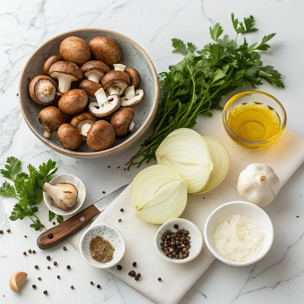 Champignons Airfryer – Zutaten für 2–3 Portionen: frische Pilze, Zwiebeln, Knoblauch, Öl, Petersilie, Salz, Pfeffer und Meersalz auf einer hellen Arbeitsfläche