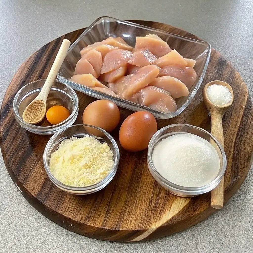 Zutaten für Chicken Nuggets im Airfryer: Hähnchenfilets, Eier, Paniermehl, Milch und Salz auf einem Holzbrett.