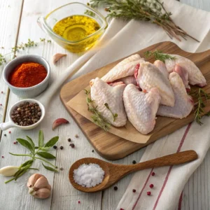Frische Hähnchenschenkel auf einem Holzbrett mit Zutaten für Airfryer-Hähnchenschenkel: Olivenöl, Paprika, Rosmarin, Knoblauch, Pfefferkörner und Salz – perfekt für ein leckeres Rezept für 2 Personen.