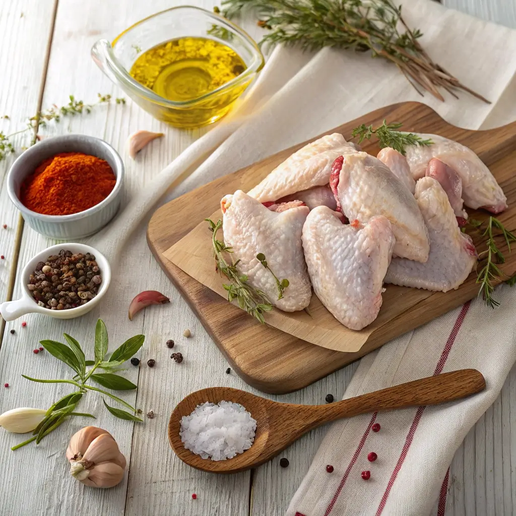 Frische Hähnchenschenkel auf einem Holzbrett mit Zutaten für Airfryer-Hähnchenschenkel: Olivenöl, Paprika, Rosmarin, Knoblauch, Pfefferkörner und Salz – perfekt für ein leckeres Rezept für 2 Personen.