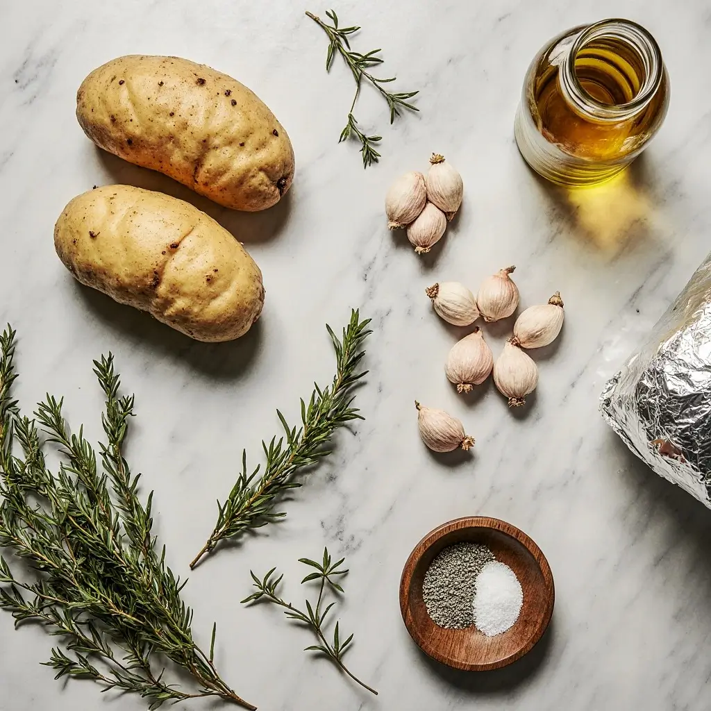 Zutaten für das perfekte Rezept für ganze Kartoffeln im Airfryer: frische Kartoffeln, Rosmarin, Knoblauchzehen, Olivenöl, Salz und Pfeffer auf einem Marmorhintergrund – natürliche, gesunde Zutaten für knusprige Airfryer-Kartoffeln.