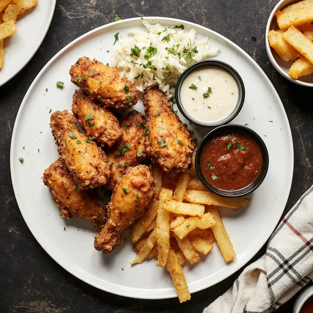 Knusprige Chicken Wings mit Pommes, Sauerkraut und zwei Dips – die perfekten Beilagen für eure Wings auf einem weißen Teller.