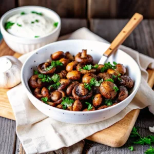 Die fertigen Champignons aus dem Airfryer servieren – knusprig gebratene Pilze in einer Schüssel mit Petersilie, dazu Joghurt-Dip und Knoblauch