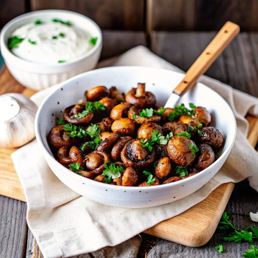Die fertigen Champignons aus dem Airfryer servieren – knusprig gebratene Pilze in einer Schüssel mit Petersilie, dazu Joghurt-Dip und Knoblauch