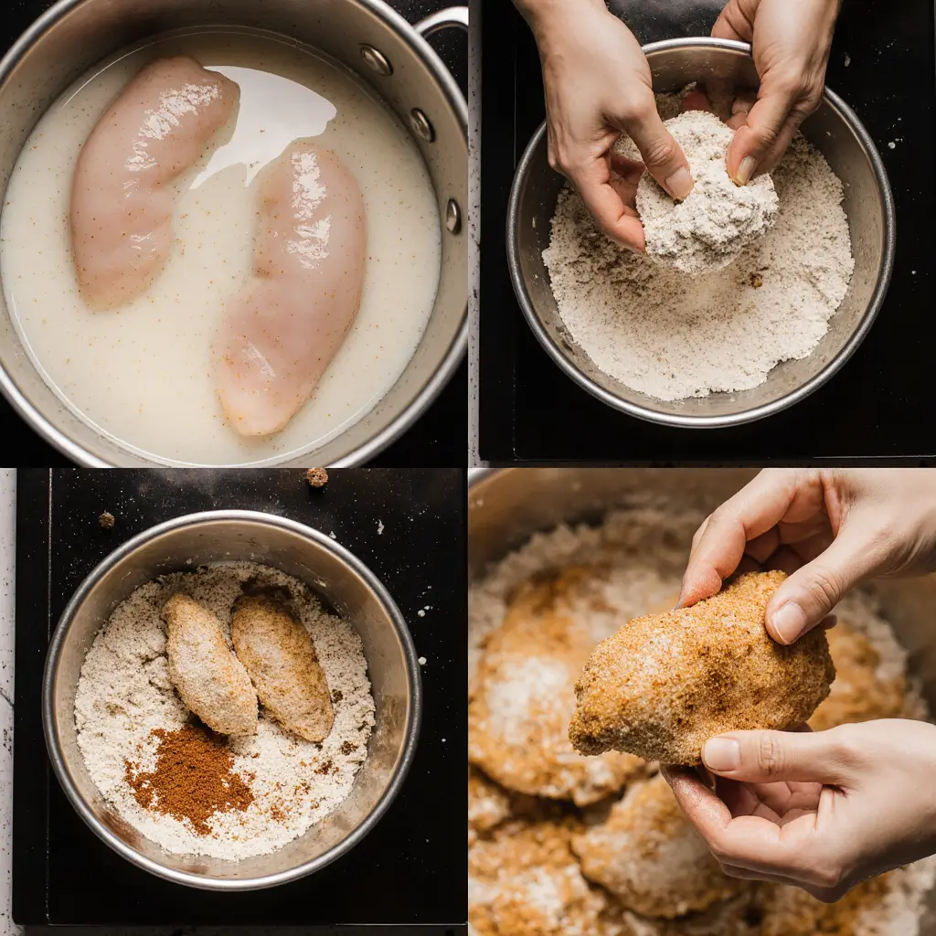 Die Vorbereitung von Fried Chicken im KFC-Style: Hühnerfilets werden in Milch getränkt, dann mit Mehl bestäubt und schließlich in einer würzigen Paniermischung aus Mehl und Gewürzen eingetaucht.