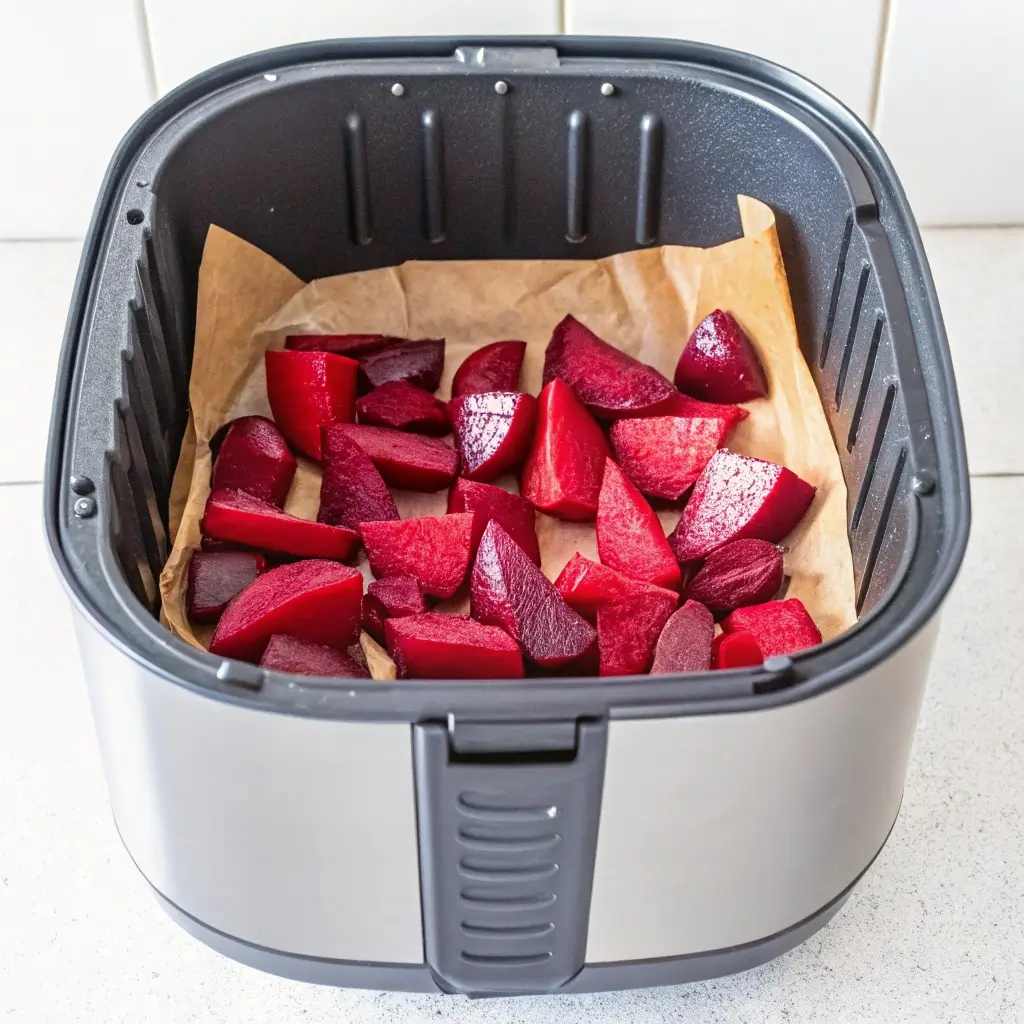 Geschnittene Rote Bete in der Heißluftfritteuse, bereit zum Garen – frisch, farbenfroh und ohne Öl, perfekt für gesundes Kochen zu Hause.