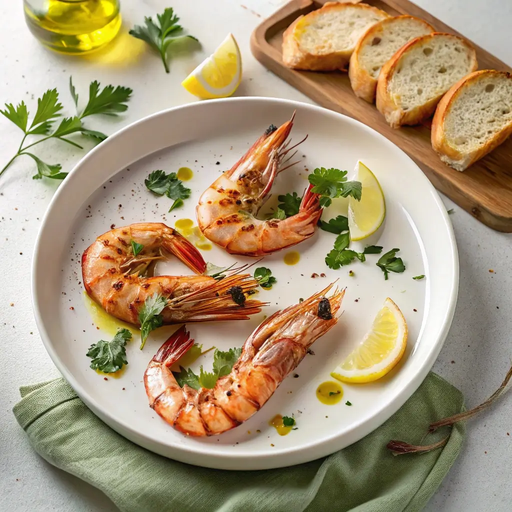Knusprige Gegrillte Riesengarnelen, serviert auf einem weißen Teller mit frischen Zitronenscheiben und Petersilie. Im Hintergrund sind Baguette-Scheiben und Olivenöl zu sehen.