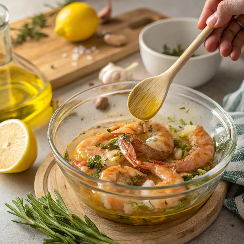 Die Vorbereitung von Gegrillten Riesengarnelen: Garnelen werden in einer Schüssel mit Olivenöl, Zitronensaft, Petersilie, Knoblauch und Kräutern marinieren.