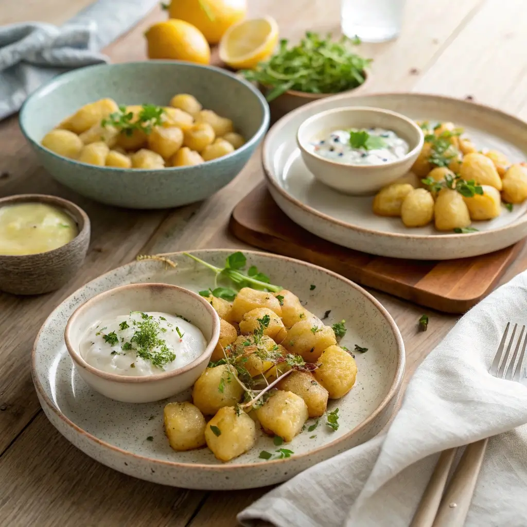 Knuspriges Gnocchi im Airfryer serviert mit frischen Kräutern, einer cremigen Dip-Sauce und Zitronenscheiben.