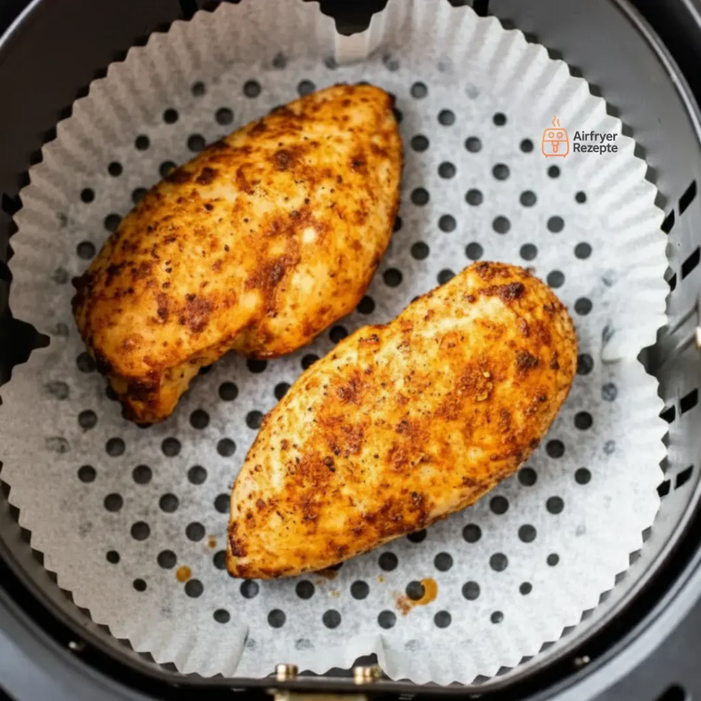 Vorbereitung der Hähnchenbrust für das Garen im Airfryer.