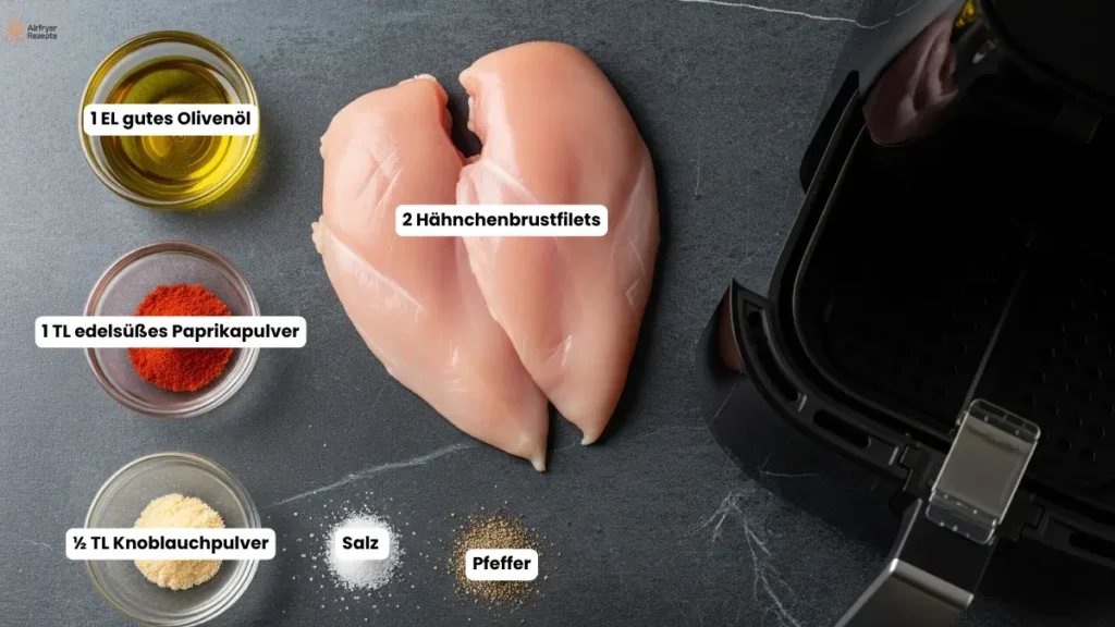 Zutaten für die Zubereitung von hausgemachtem Hähnchenbrustfilet im Airfryer.