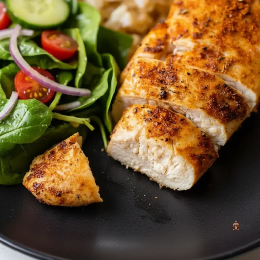 Ein aufgeschnittenes, saftiges, hausgemachtes Hähnchenbrustfilet aus dem Airfryer.