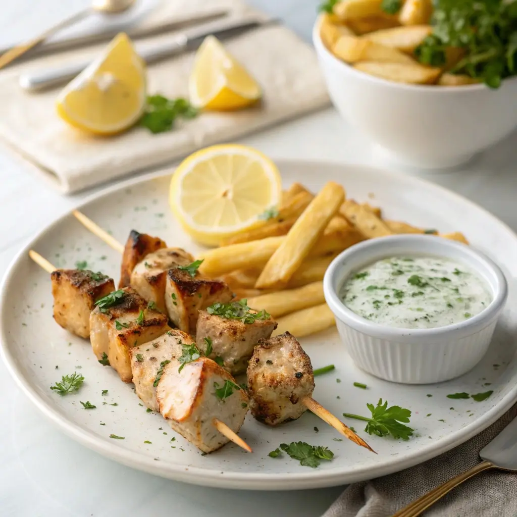 Ein appetitliches Tellerbild mit knusprigen Hähnchenspießen, Pommes Frites, einer Zitronenhälfte und einer kleinen Schüssel Dip, garniert mit frischen Kräutern.