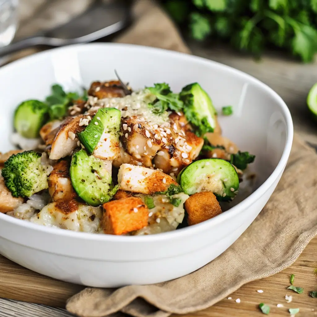 Eine Protein Lachs Bowl serviert in einer weißen Schüssel, garniert mit grünem Brokkoli, Avocado, Karottenwürfeln und Sesamsamen. Frische Kräuter und ein Hauch von Zitronensaft verfeinern das Gericht.