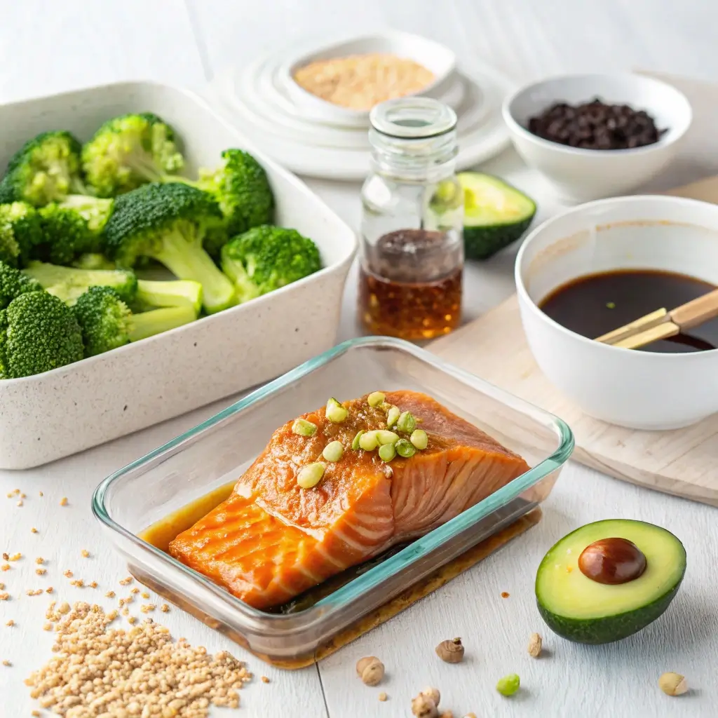 Eine High Protein Lachs Bowl mit frischem Lachs, garniert mit grünen Sojabohnen und einer Marinade. Im Hintergrund sind Brokkoli, Avocado, Sesamsamen und eine Schüssel mit Balsamico-Essig zu sehen.