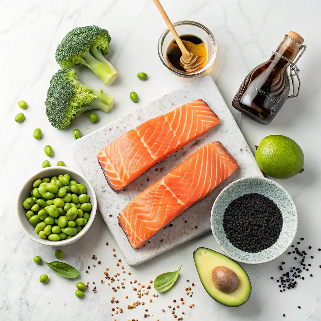 Eine frische Auswahl an Zutaten für eine High Protein Lachs Bowl. Auf einem Steinbrett liegen zwei Portionen frischen, roten Lachses. Umgeben sind die Zutaten mit grünen Brokkoliköpfen, einer Schüssel grüner Sojabohnen, einer halben Avocado, schwarzen Sesamsamen, Limette, Honig in einer Schale mit Holzstirnholz und einer Flasche Balsamico-Essig.