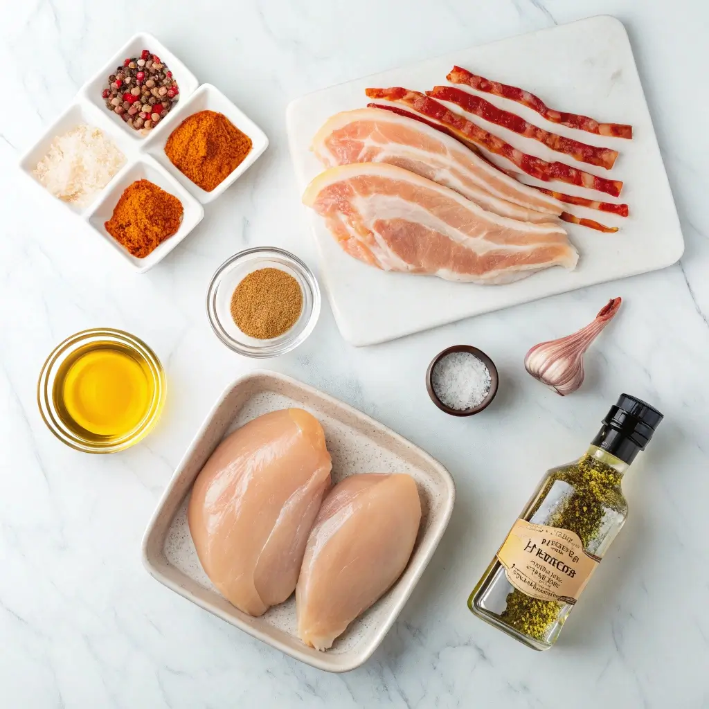 Eine Ansammlung von Zutaten für Honigglasierte Hühnerbrust mit Bacon auf einem weißen Marmorhintergrund. Dargestellt sind frische Hühnerbrustfilets, Speckstreifen, verschiedene Gewürze (Salz, Pfeffer, Paprika), Olivenöl, Knoblauch und Honig