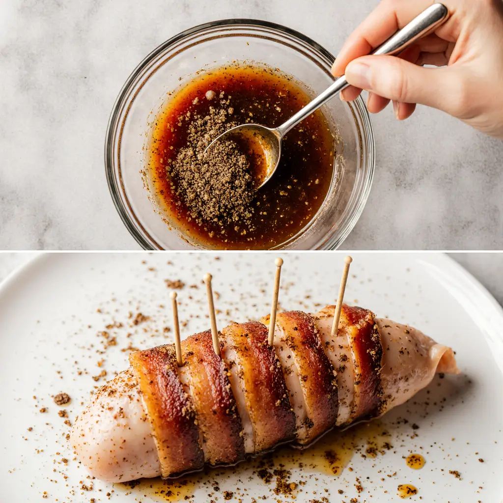 Oben: Eine Hand rührt eine würzige Honig-Gewürz-Mischung in einem kleinen Glasbehälter. Unten: Eine Hühnerbrustfilet, die mit Speckstreifen umwickelt und mit Holzspießen fixiert ist, liegt auf einem weißen Teller und ist mit der Honig-Gewürz-Soße beträufelt.