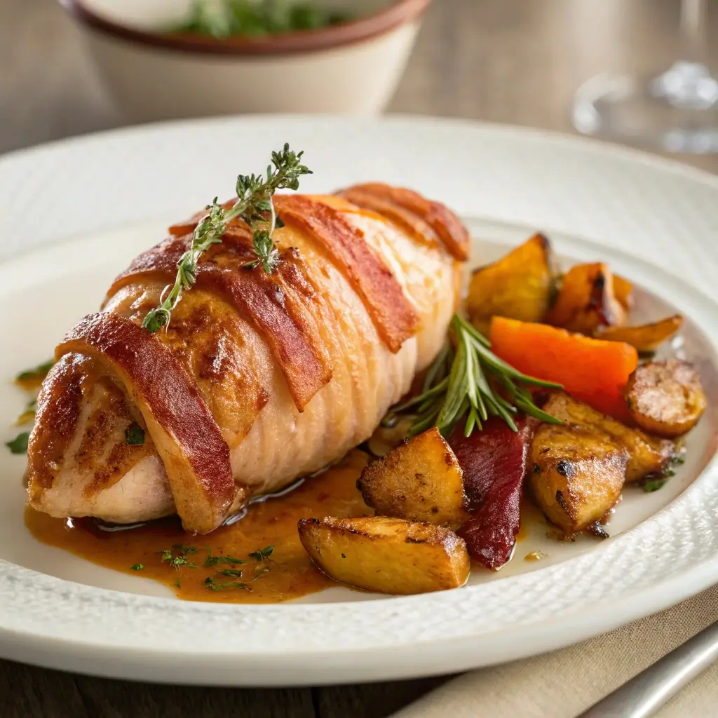 Ein appetitlich serviertes Gericht von Honigglasierten Hühnerbrustfilets mit Bacon auf einem weißen Teller. Die Hühnerbrust ist mit Speck umwickelt und glänzend mit einer Honig-Gewürz-Soße überzogen. Sie wird dekoriert mit frischen Kräutern und serviert neben gebackenen Karotten und Kartoffelstücken, die das Gericht visuell ansprechend ergänzen.