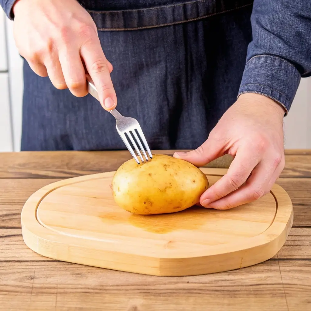 Eine Kartoffel wird mit einer Gabel auf einem Holzbrett mehrfach angestochen – ein wichtiger Schritt beim Vorbereiten von Kartoffeln für den Backofen oder Airfryer. Perfekte Vorbereitung für knusprige, gleichmäßig gegarte Kartoffeln.
