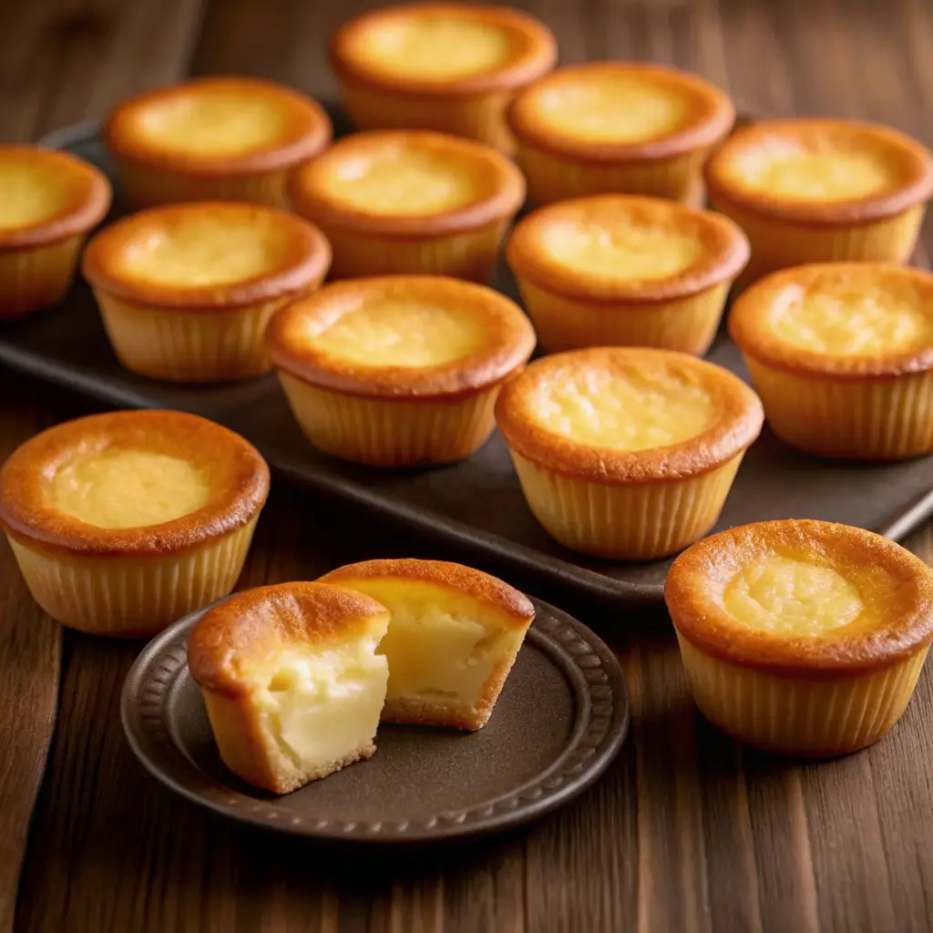 Ein köstlicher Teller mit Käsekuchen-Muffins, die im Airfryer zubereitet wurden. Die Muffins haben einen goldbraunen Rand und eine cremige, gelbe Füllung. Einige sind aufgeschnitten, um den saftigen Innenbereich zu zeigen.