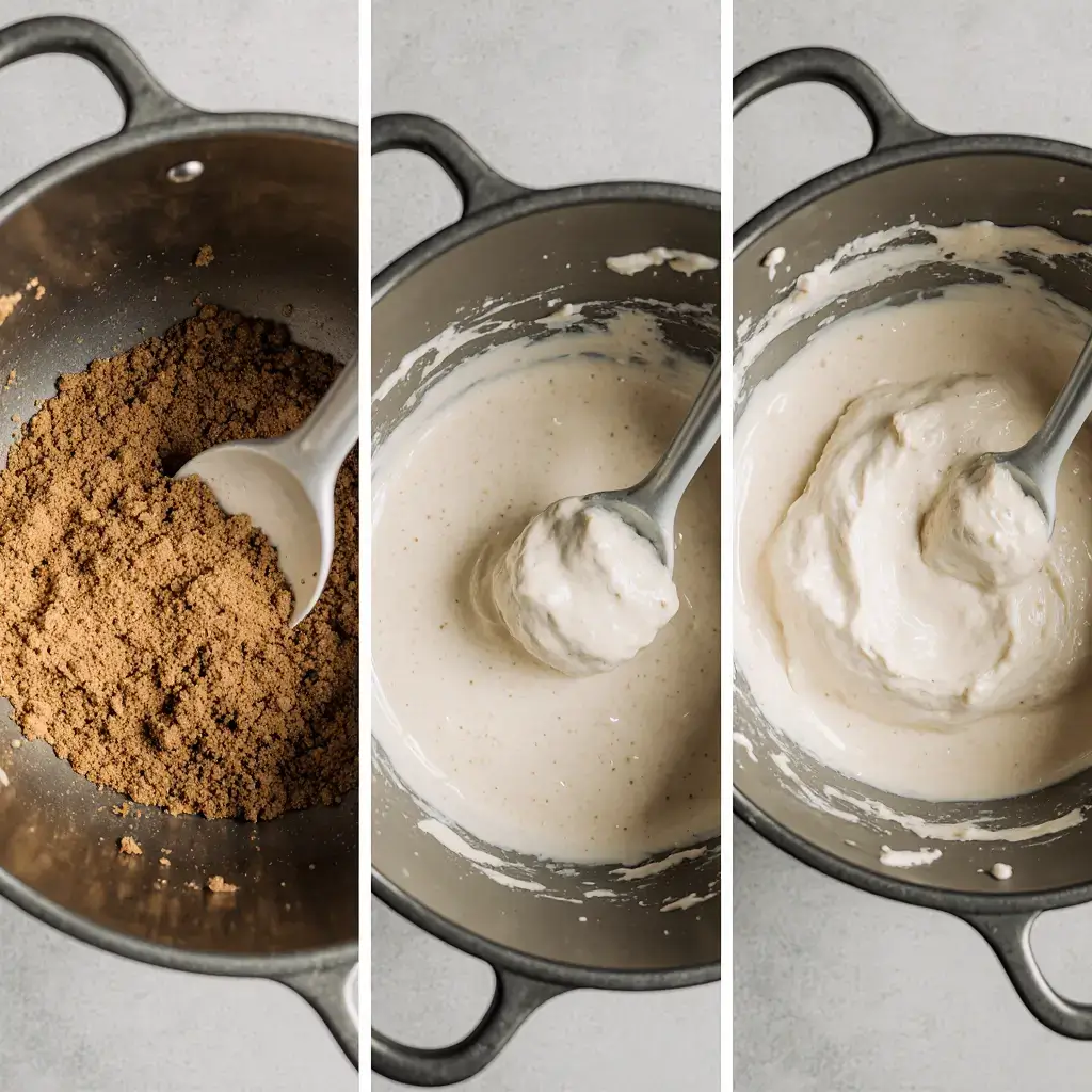 Drei Schritte zur Zubereitung von Käsekuchen-Muffins: (1) Zerstoßene Biskuits werden in einer Pfanne geröstet, (2) Milch und Vanillepuddingpulver werden zu einer cremigen Masse verrührt, (3) die Masse wird glatt und einheitlich gerührt.