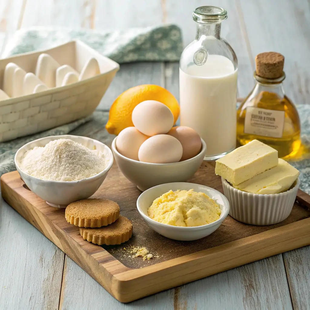 Eine Auswahl an Zutaten für Käsekuchen-Muffins, darunter Mehl, Eier, Milch, Butter, Vanillepuddingpulver, Zitronensaft und Biskuits.

