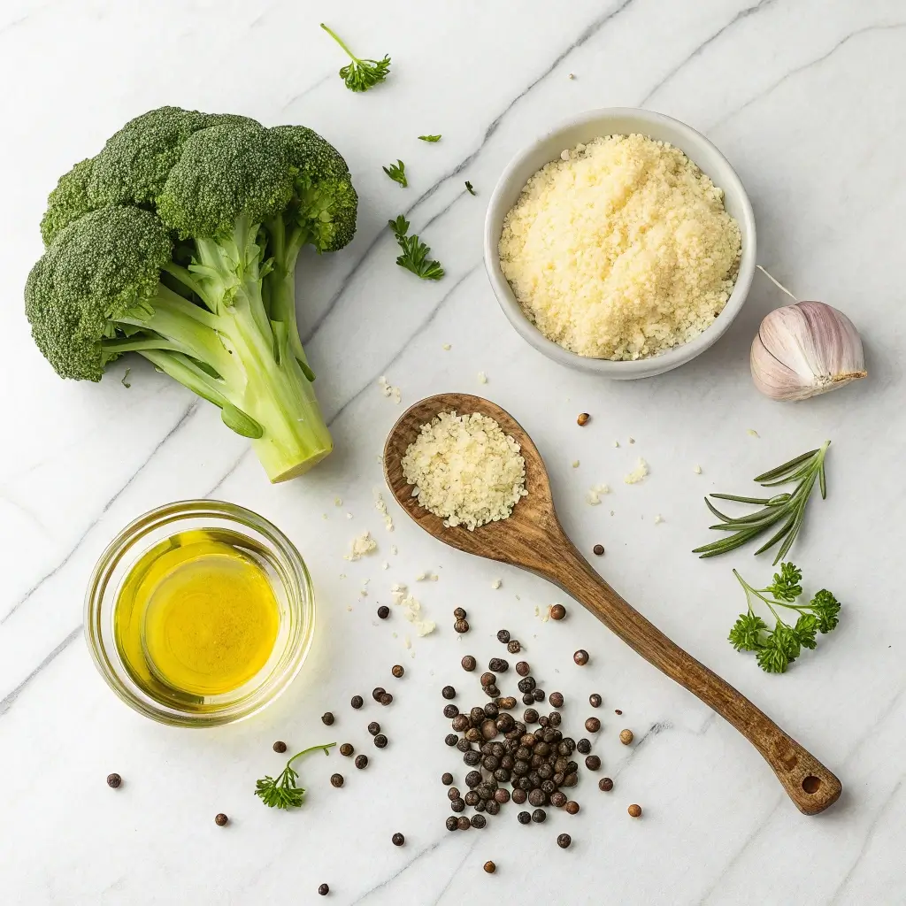 Eine frische Brokkolikopf steht neben einer Schüssel Parmesan, Olivenöl in einem Glas, schwarzen Pfefferkörnern, Rosmarinzweigen und Knoblauch. Ein Holzlöffel mit weiteren Kräutern vervollständigt die Szene auf einem sauberen weißen Hintergrund.