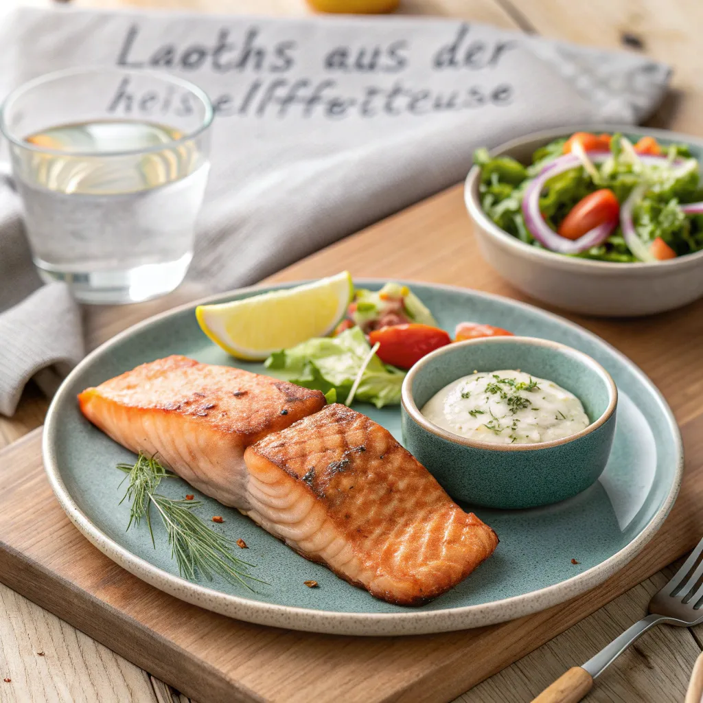 Serviervorschlag für Lachs aus der Heißluftfritteuse mit Dip und Salat.