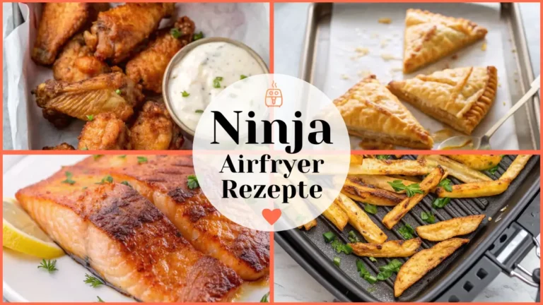 Fotocollage mit vier Ninja Airfryer Rezepte: knusprige Hähnchenflügel, Lachsfilet, selbstgemachte Pommes und Blätterteig-Apfeltaschen.
