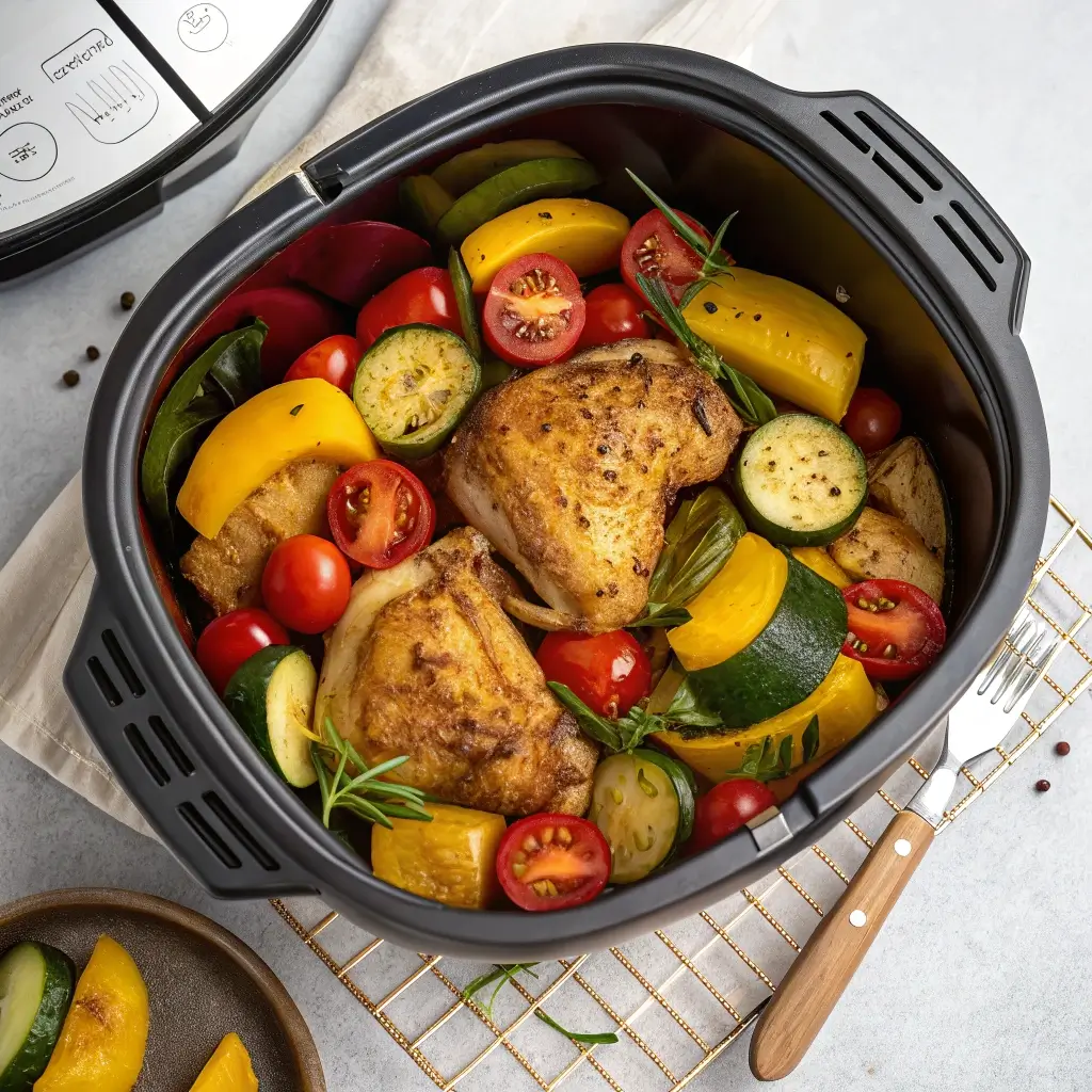 Ein fertig zubereitetes One-Pot-Hähnchen mit Gemüse in einer schwarzen Airfryer-Schale. Das Hähnchen ist goldbraun gebraten und umgeben von leuchtend farbenfrohen Zutaten wie gelben und grünen Paprika, Tomaten, Zucchini sowie frischen Kräutern als Dekoration. Ein Holzbesteck liegt daneben, was die Bereitschaft zum Servieren unterstreicht.