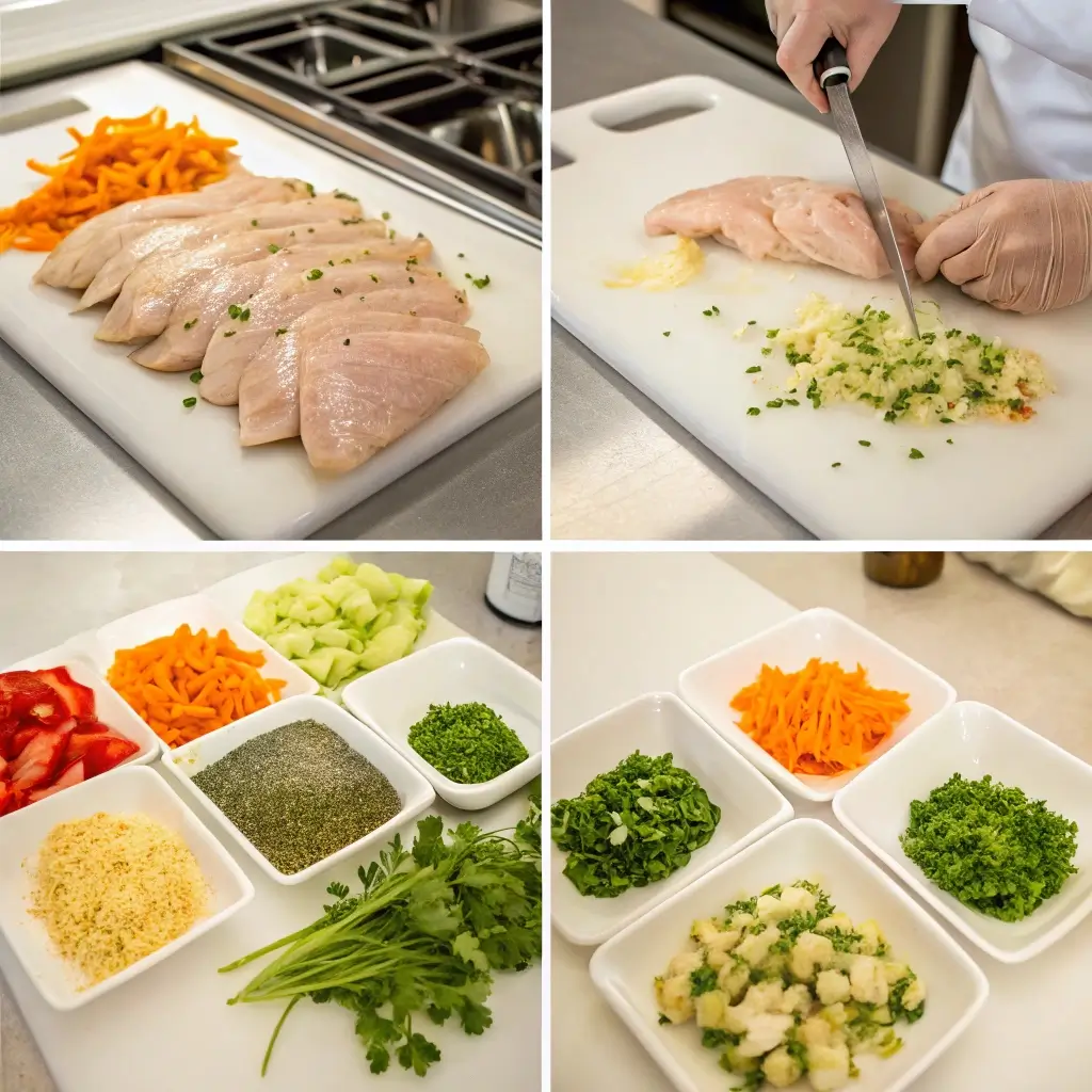 Eine vierfach geteilte Bildserie zeigt die Zubereitung von One-Pot-Hähnchen mit Gemüse. Oben links werden Hähnchenscheiben aufgeschnitten, oben rechts wird Knoblauch fein gehackt. Unten links sind verschiedene Zutaten wie geschnittenes Gemüse (Karotten, Gurken, Tomaten), Gewürze (Salz, Pfeffer) und Kräuter präsentiert. Unten rechts sind weitere Zutaten wie gehacktes Petersilien-Gemisch und Kartoffeln zu sehen.