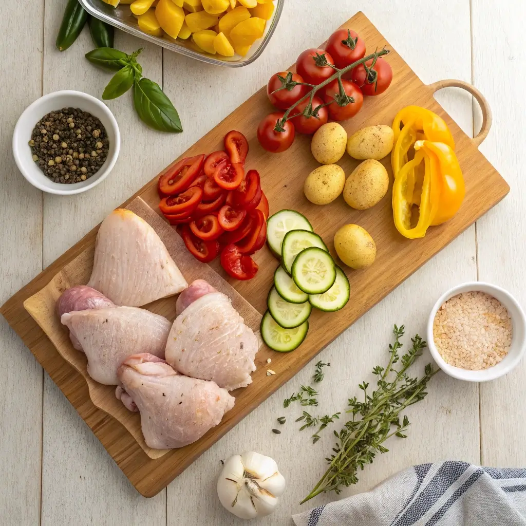 Eine Auswahl frischer Zutaten für One-Pot-Hähnchen mit Gemüse auf einem Holzbrett. Dargestellt sind Hähnchenschenkel, geschnittene Tomaten, Zucchini, Kartoffeln, Paprika, Knoblauch, Thymian, Salz und Pfeffer sowie weitere Gemüse wie Jalapeños und Basilikum im Hintergrund.