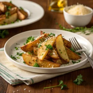 Knusprige Parmesan-Kartoffeln im Airfryer, serviert auf einem weißen Teller mit frischen Kräutern und einer Schüssel geriebenem Parmesan im Hintergrund.