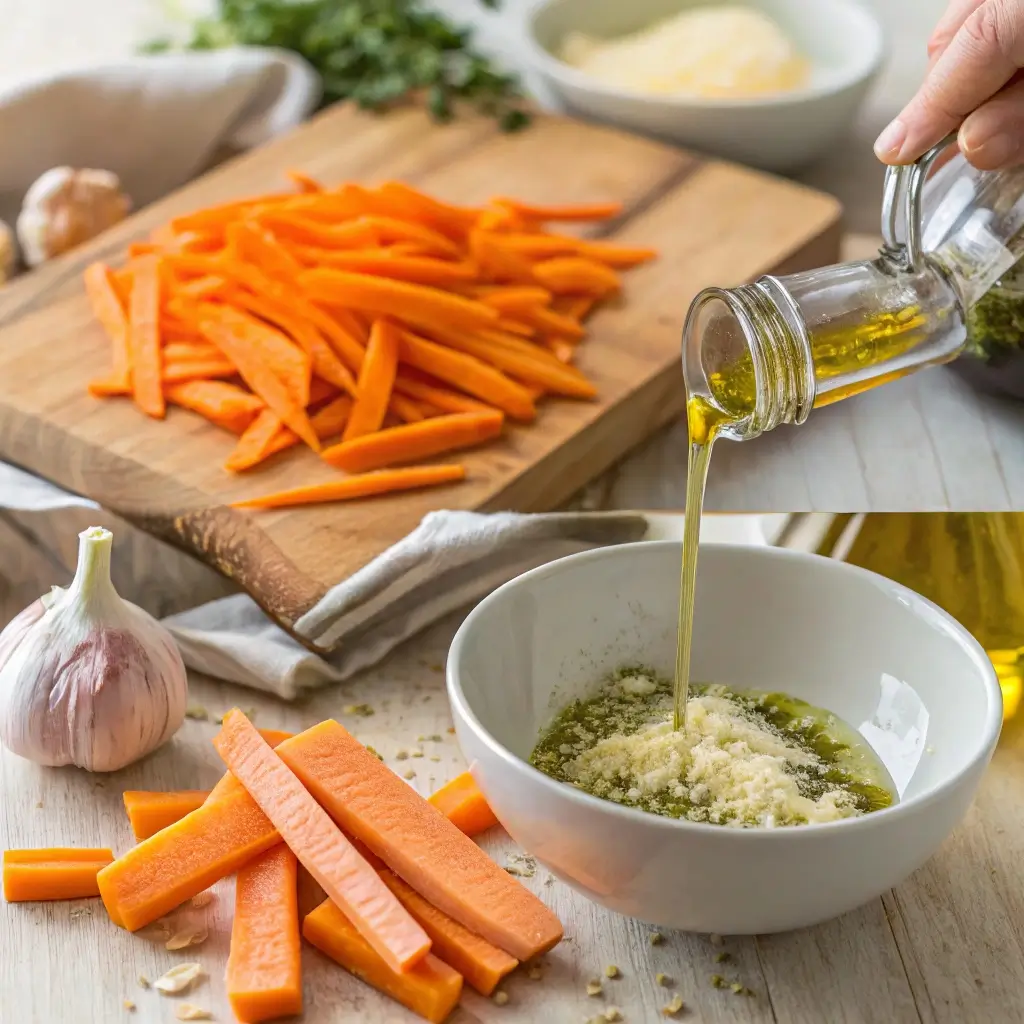 Zwei Schritte der Vorbereitung von Parmesan-Knoblauch-Karotten. Oben: Olivenöl wird über geschnittene Karottenstreifen auf einem Holzbrett gegossen. Unten: In einer Schüssel werden Olivenöl, geriebener Parmesan und frisches Rosmarin gemischt, um die Marinade herzustellen.