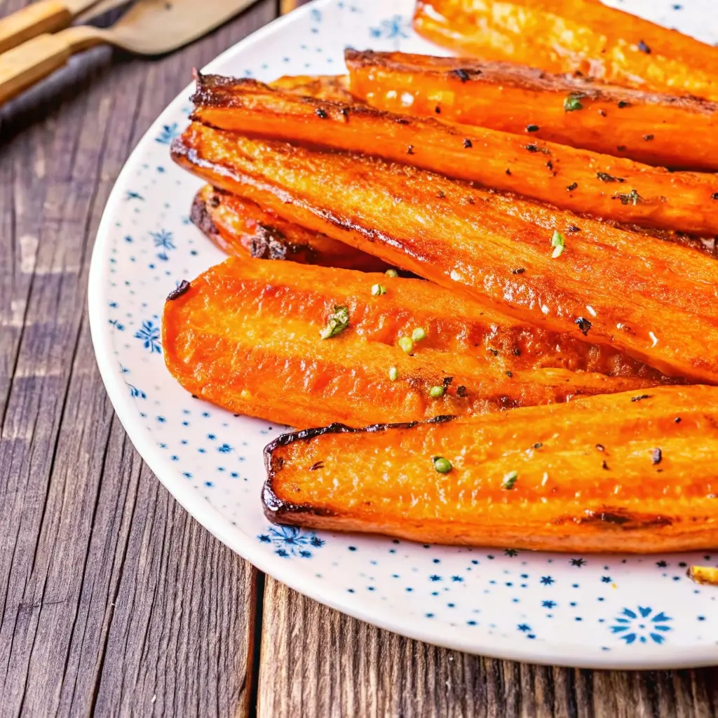 Eine appetitlich servierte Portion Parmesan-Knoblauch-Karotten auf einem weißen Teller mit blauen Blumenmuster. Die Karottenstreifen sind goldbraun gebraten, leicht knusprig und dekoriert mit frischen Kräutern sowie geriebenem Parmesan.