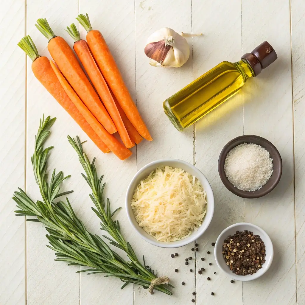 Die Zutaten für Parmesan-Knoblauch-Karotten sind auf einem hellen Holztisch angerichtet. Dargestellt sind frische Karotten, Knoblauchzehen, Olivenöl, geriebener Parmesan, Salz, Pfeffer und frisches Rosmarin.