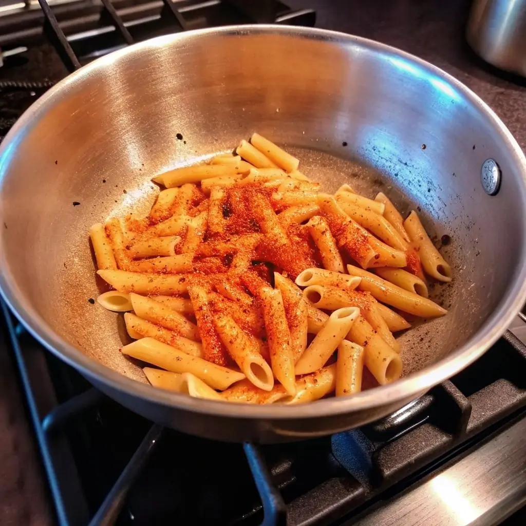 Pasta-Chips-Würzen: Gekochte Penne-Nudeln in einer Pfanne mit Paprika, Knoblauch und Kräutern würzen – der entscheidende Schritt für knusprige, aromatische Pasta Chips