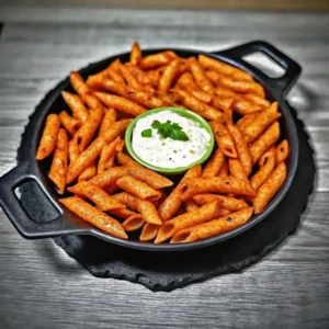 Pasta-Chips-servieren: Knusprige, würzige Nudelchips in einer Gusseisenpfanne mit cremiger Dip-Sauce und frischem Petersilienblatt – perfekt als leckerer Snack oder Beilage.