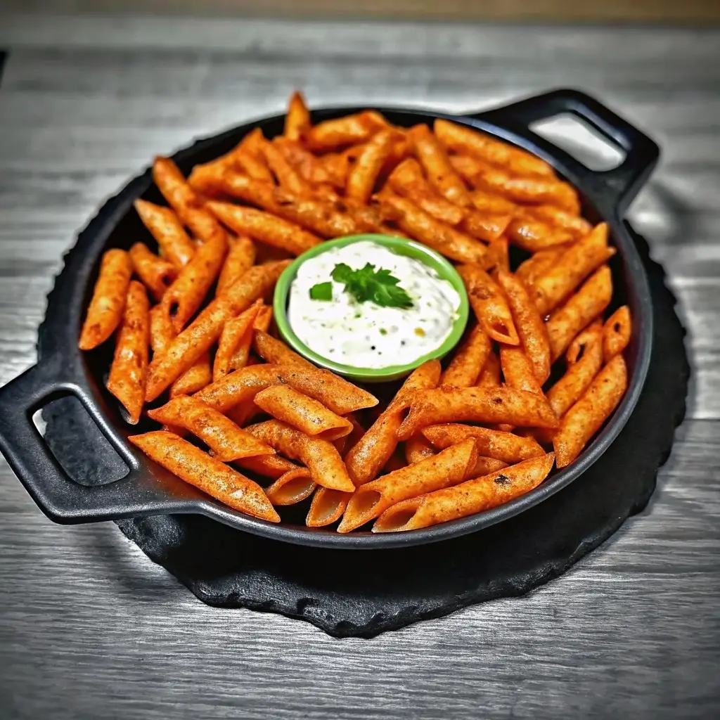 Pasta-Chips-servieren: Knusprige, würzige Nudelchips in einer Gusseisenpfanne mit cremiger Dip-Sauce und frischem Petersilienblatt – perfekt als leckerer Snack oder Beilage.