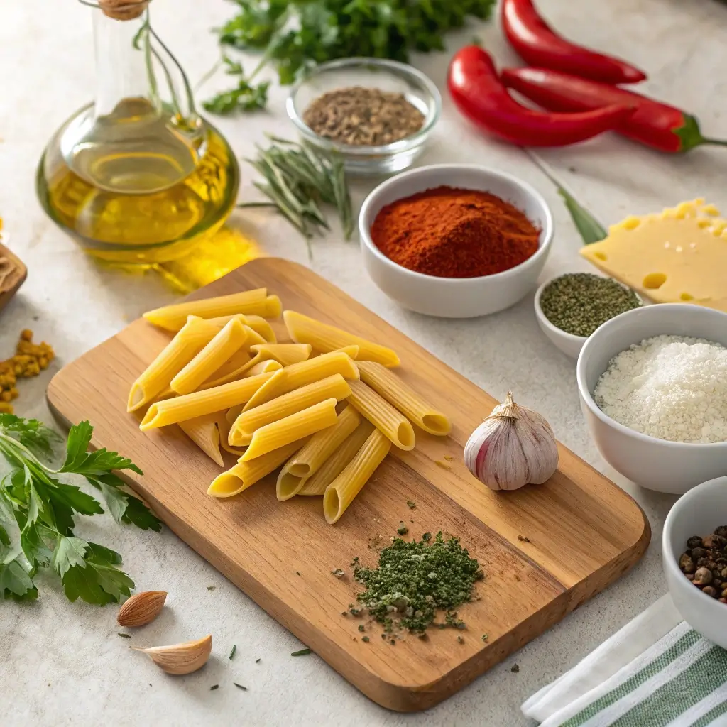 Zutaten für Pasta Chips: Penne-Nudeln, Olivenöl, Knoblauch, frische Kräuter, Paprika, Pfeffer, Parmesan und Chili – alles für eine knusprige, würzige Snack-Variante.