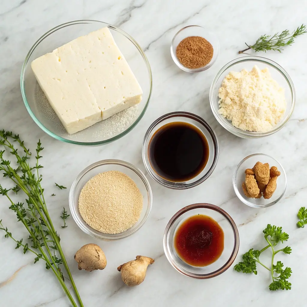 Zutaten für den perfekten Tofu im Airfryer: Tofu, Sojasauce, Sesamöl, Knoblauch, Kräuter und Gewürze – alles bereit für das köstliche Rezept.