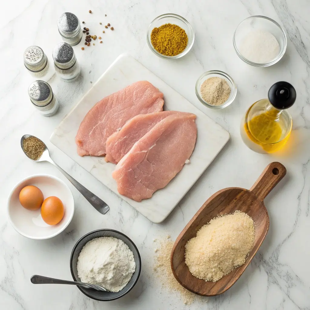 Zutaten für Putenschnitzel im Airfryer – frische Putenschnitzel, Eier, Mehl, Paniermehl, Öl und Gewürze auf einer Marmorarbeitsfläche.
