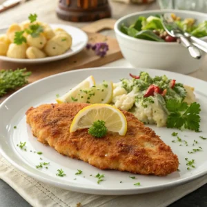 Knuspriges Putenschnitzel im Airfryer auf einem weißen Teller serviert – mit Zitronenscheibe, Petersilie, Blumenkohl und Salat. Perfekte Präsentation für eine gesunde Mahlzeit.