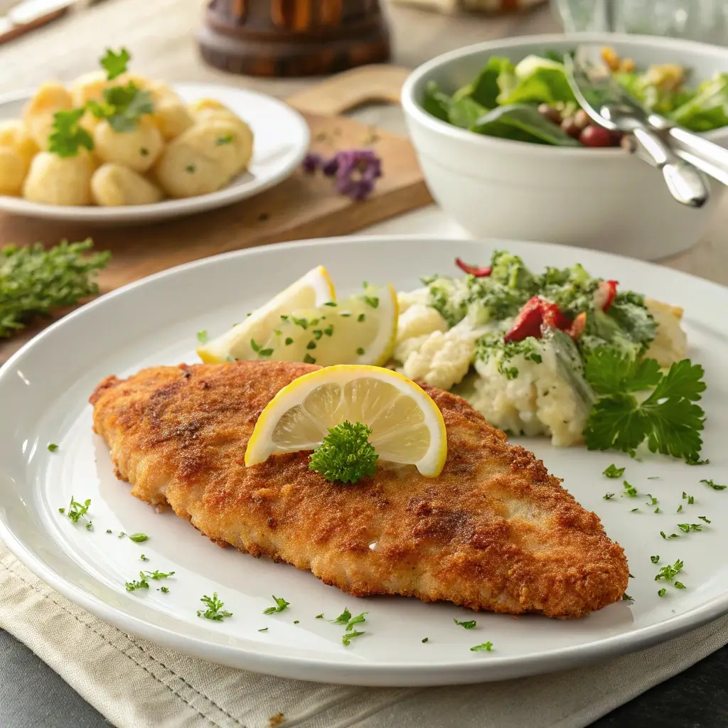 Knuspriges Putenschnitzel im Airfryer auf einem weißen Teller serviert – mit Zitronenscheibe, Petersilie, Blumenkohl und Salat. Perfekte Präsentation für eine gesunde Mahlzeit.