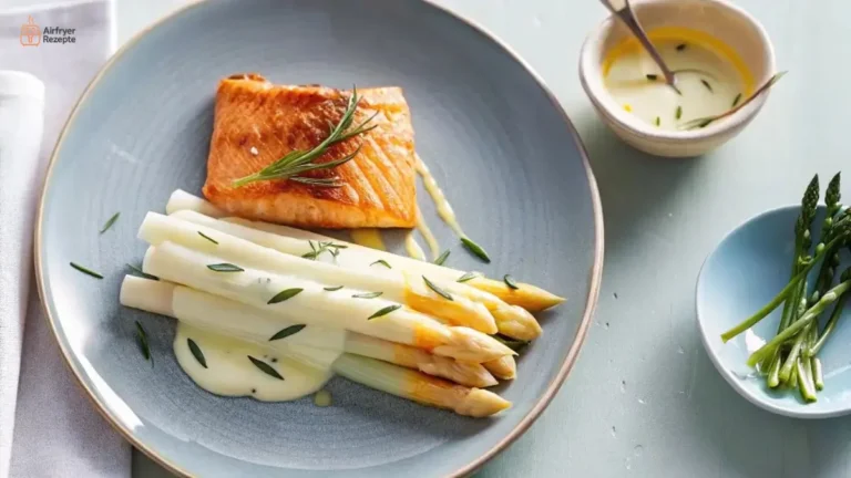 Knuspriger Spargel und Lachs mit Orangensauce im Airfryer – das einfache Rezept.
